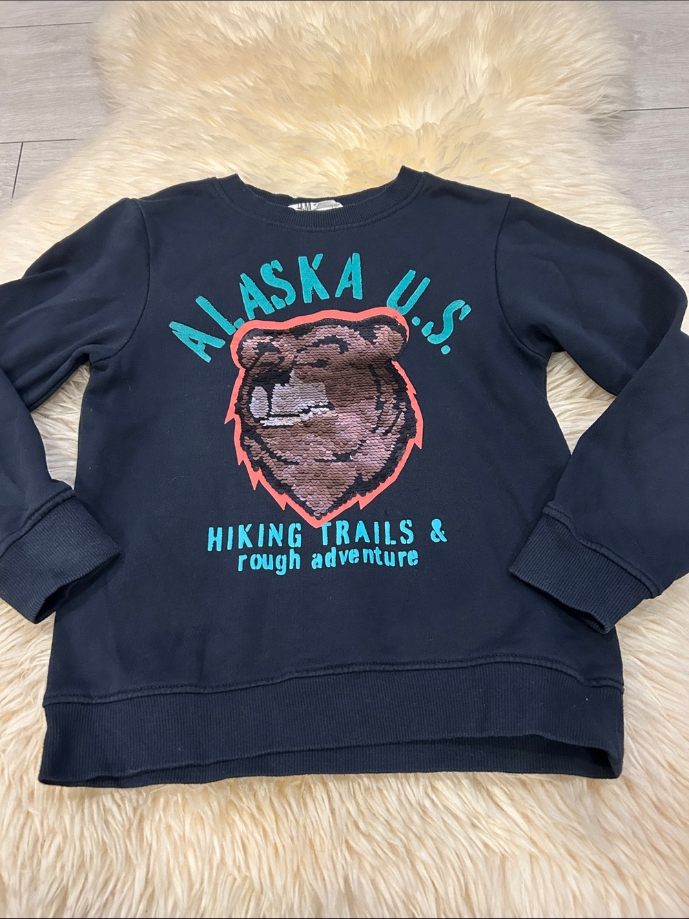 H&M Navy Kids Sweatshirt with Bear Graphic and Teal & Coral Accents